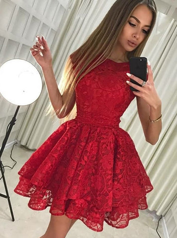 Round Neck Short Red A-Line Lace Homecoming Party Dress