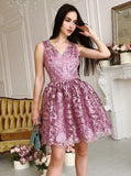 V-Neck Short Purple Lace Homecoming Prom Party Dress