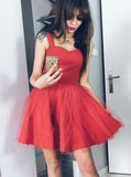 Tulle Short Square Neck Red Homecoming Party Dress