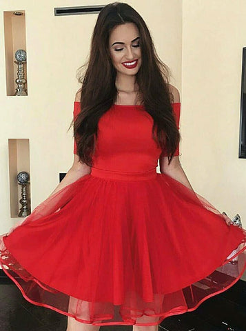 Tulle Short Red Off-the-Shoulder Homecoming Party Dress