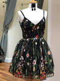 Floral Spaghetti Straps Short Black Lace Homecoming Dress