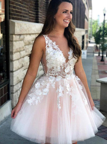 V-Neck Pearl Pink Appliques Tulle Homecoming Party Dress