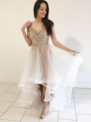 V-Neck Asymmetry Beads Champagne Tulle Homecoming Prom Dress