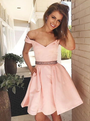 Pink Satin Off-the-Shoulder Homecoming Dress with Beading Pockets
