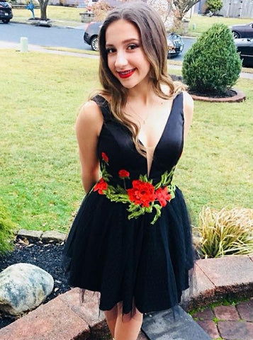 Floral V-Neck Low Cut Black Tulle Homecoming Dress 