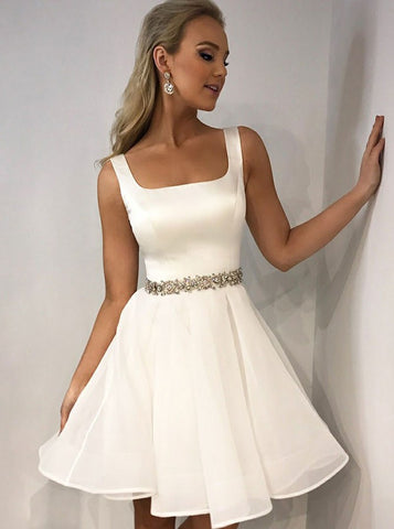 Square Rhinestones White Tulle Homecoming Party Dress