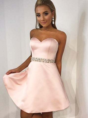Crystal Pearls Sweetheart Pink Satin Homecoming Dress