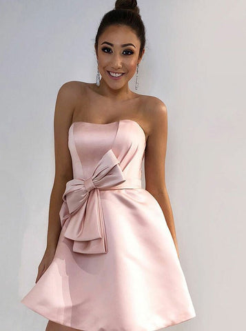 Short Pink Strapless Satin Homecoming Dress with Bowknot