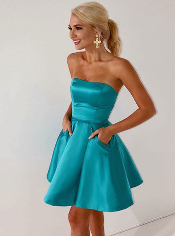 Short Strapless Ice Blue Satin Homecoming Dress with Pockets