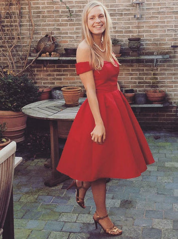 Off-the-Shoulder Knee Length Red Satin Homecoming Dress