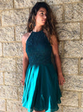 Jewel Turquoise Chiffon Homecoming Dress with Lace Beading