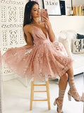 Lovely Above Knee Pink Lace V-Neck Sleeveless Homecoming Dress