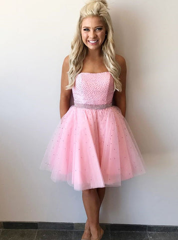 Knee Length Pink Tulle A-line Strapless Homecoming Dress