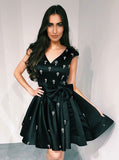 Bowknot Pleated Black Satin A-Line V-Neck Homecoming Dress