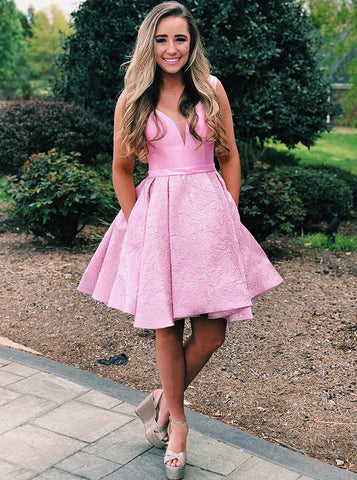Low Cut Pleated Pink Floral Satin Short Homecoming Dress with Pockets