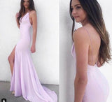 Mermaid Spaghetti Straps Split Pearl Pink Backless Prom Dress
