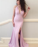 Mermaid Spaghetti Straps Split Pearl Pink Backless Prom Dress