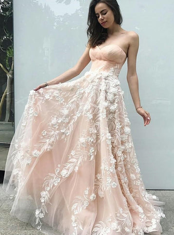 A-Line Sweetheart Neck Appliques Champagne Prom Dress