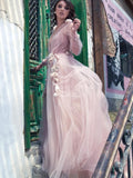  Pink Long A-Line Deep V-Neck Flower Prom Dress