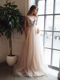  Appliques A-Line Illusion Pearl Pink Backless Prom Dress