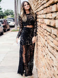Two Piece Scoop Neck Black Long Sleeve Prom Dress
