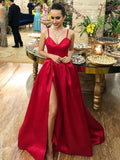 Satin Red A Line Sexy Spaghetti Straps Prom Dress With Slit