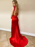 Satin & Lace Sheath Column Sexy Red Prom Dress With Slit