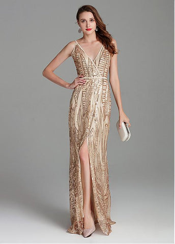  Sequin Lace V-neck Gold Embroidery Mermaid Prom Dress