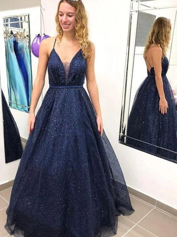 A Line Spaghetti Straps Navy Blue Sequin Tulle Prom Dress