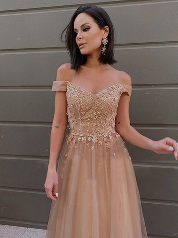 Champagne Beading Off The Shoulder Flower Tulle Prom Dress