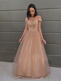 Champagne Beading Off The Shoulder Flower Tulle Prom Dress