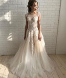 Champagne Tulle Illusion Neck Lace Up Back Wedding Dress