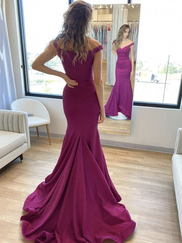 Chiffon Feather Pleats Fuchsia Off The Shoulder Prom Dress With Slit
