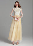 Tulle & Embroidery Lace Bateau Champagne Long Prom Dress