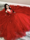 Tulle A Line Appliques V Neck Red Flower Long Prom Dress