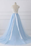 V Neck White And Blue Tulle Beading Prom Dress With Belt