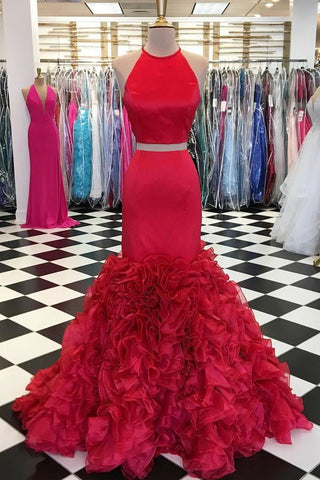 Red Two Piece Satin Ruffles Mermaid Long Prom Dress