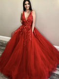 Tulle A Line Appliques V Neck Red Flower Long Prom Dress