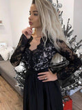 Sexy Long Sleeve Black V Neck Chiffon Lace Prom Dress With Slit