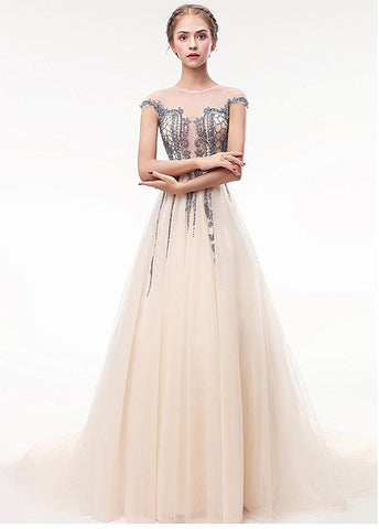Tulle Jewel Champagne Appliques See Through Prom Dress With Beadings ...