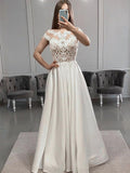 Short Sleeve Satin Lace White Scoop Appliques Beading Prom Dress