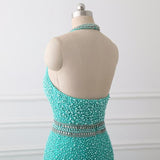 Turquoise Blue Backless Halter Pearls Mermaid Prom Dress