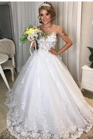Tulle Ball Gown Romantic See Through Appliques Wedding Dress