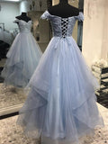 Off Shoulder Blue Blue Lace Up Lace Long Prom Dress
