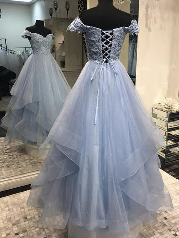 Off Shoulder Blue Blue Lace Up Lace Long Prom Dress
