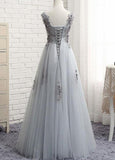 Tulle Jewel 3D Flower Appliques Floor-length A-line Prom Dress