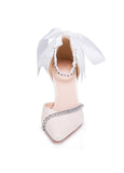Simple Satin Upper Pointed Toe Stiletto Heels Wedding/ Bridal Party Shoes With Ribbon & Rhinestones