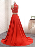 Red Satin High Neck Prom Dress