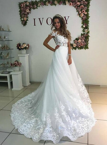 Elegant White Tulle Lace Appliques Cap Sleeve Wedding Dress