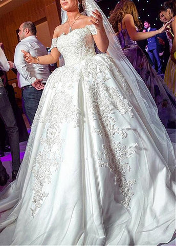 Off-the-shoulder Neckline Ball Gown Wedding Dress With Beaded Lace Appliques
